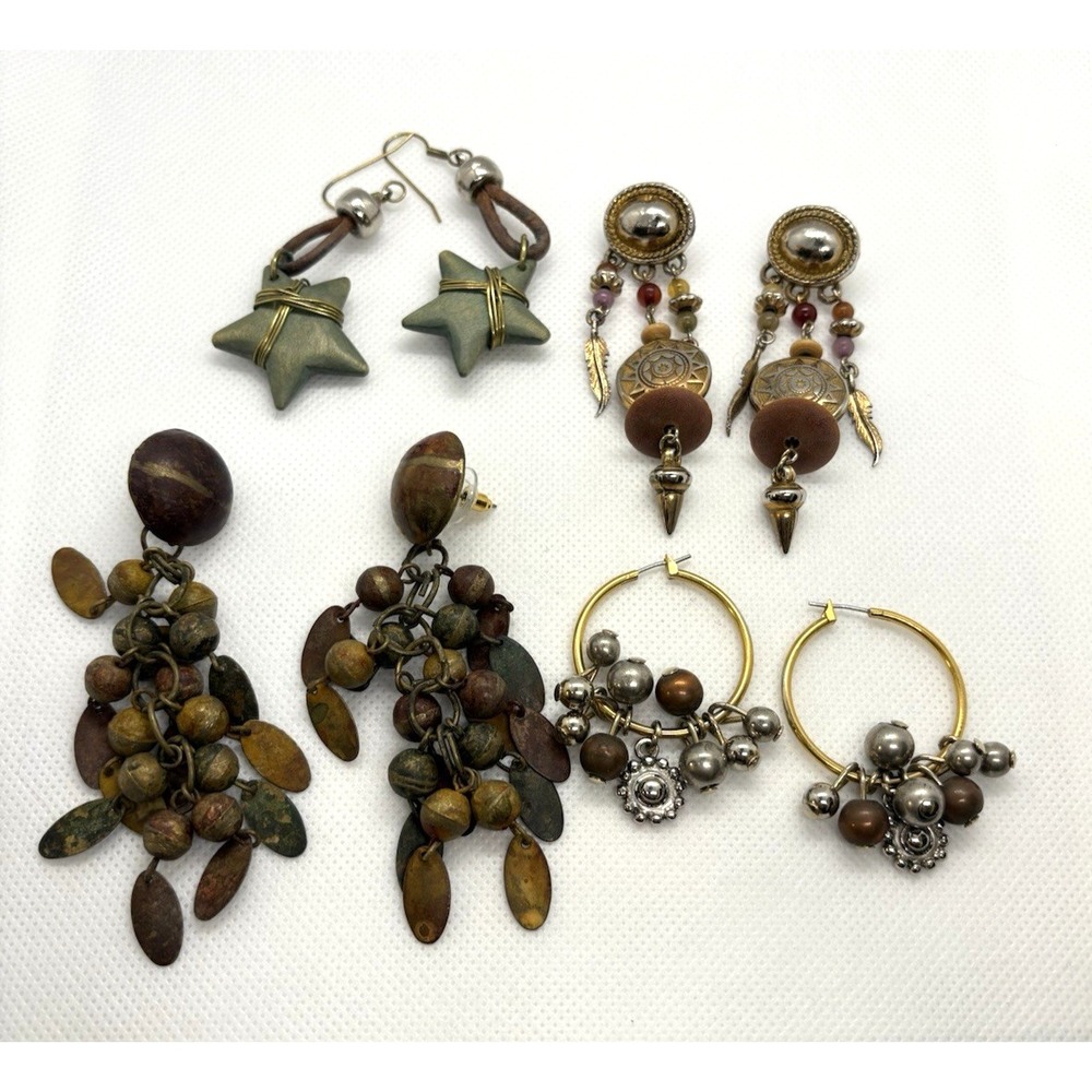 Vintage‎ Lot of 4 Boho Statement Earrings Mixed Materials Wood Metal Beads Star